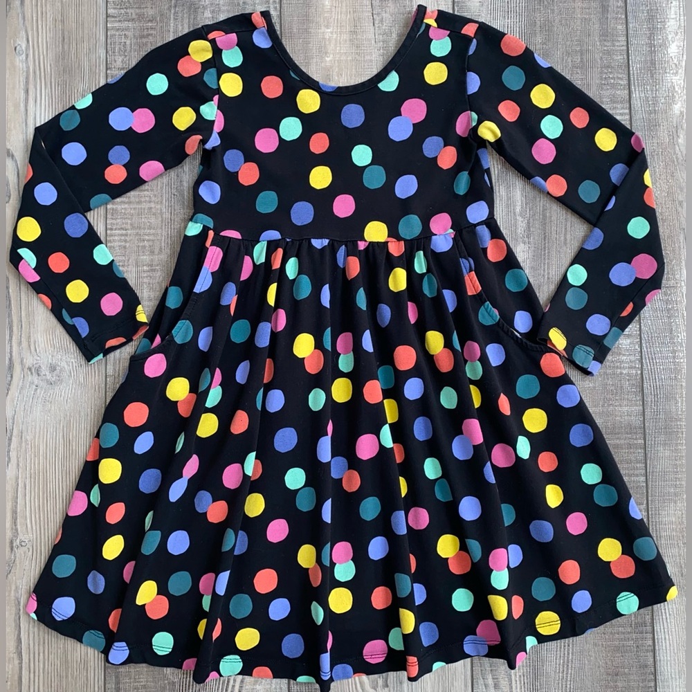 Hanna Andersson Black Confetti Polka Dot Long Sleeve Skater Dress Pockets 6 7